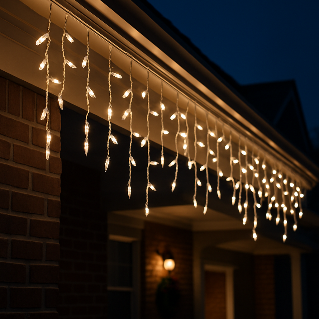 Icicle lights on eaves