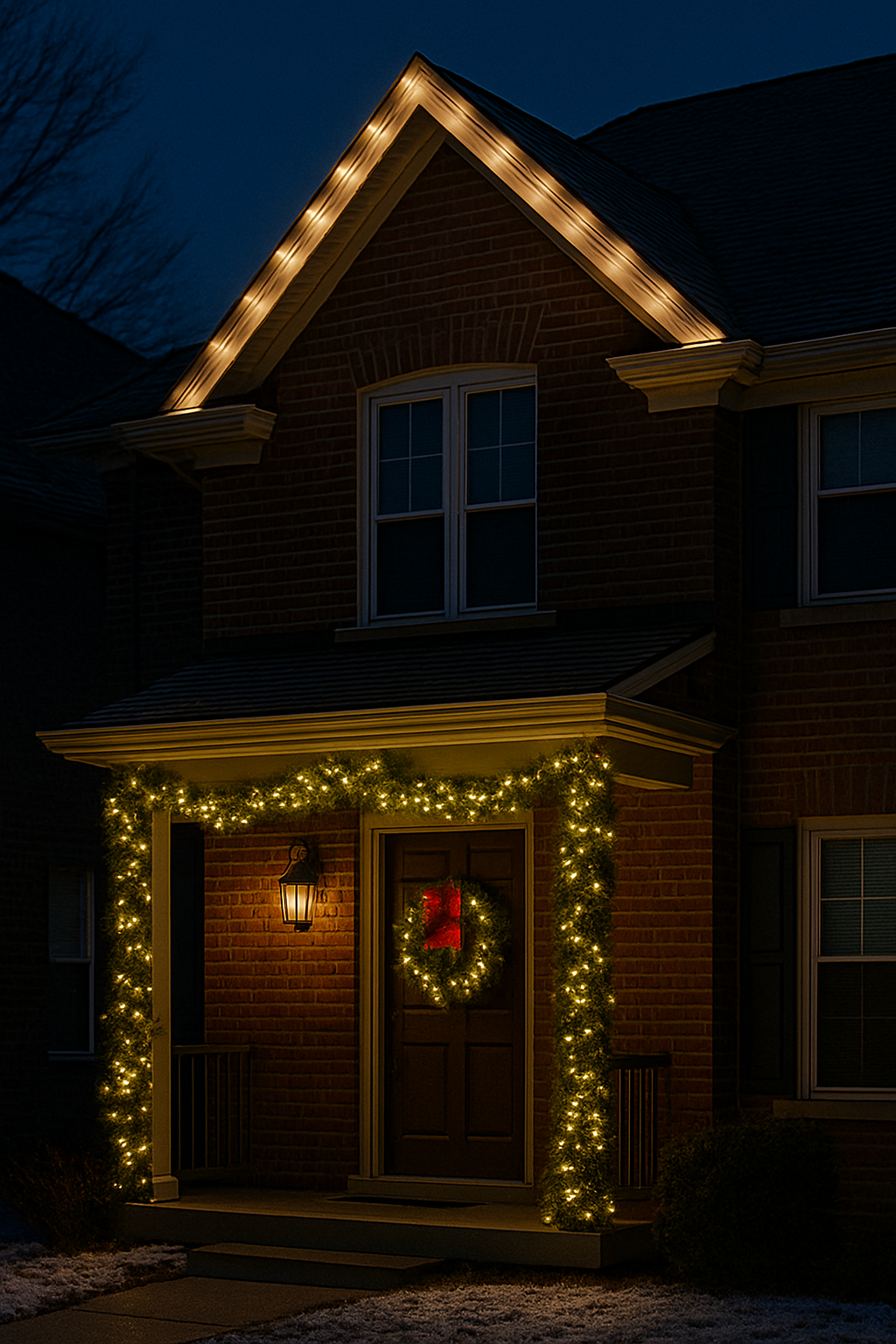 Lit garland on railing